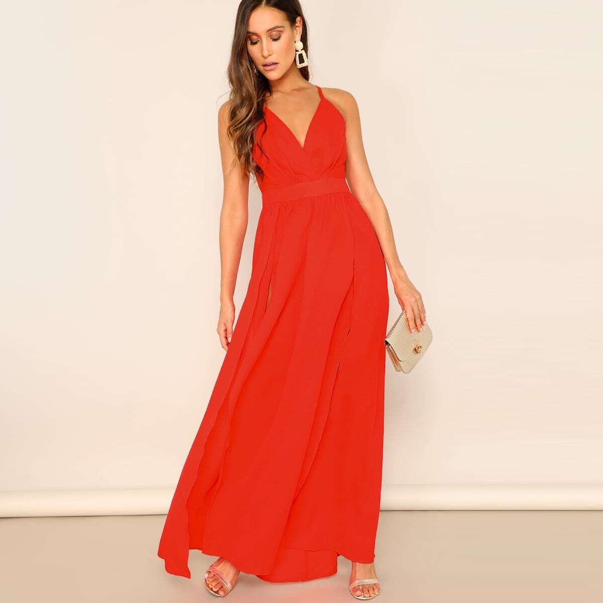 M-Slit Cross Back Neon Red Cami Prom Dress