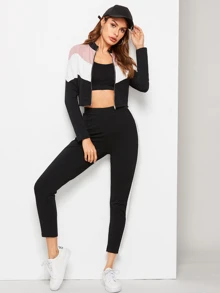 SHEIN Conjunto cazadora de cheurón con costura con cremallera con leggings - Multicolor - Ver 4