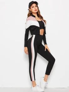 SHEIN Conjunto cazadora de cheurón con costura con cremallera con leggings - Multicolor - Ver 1