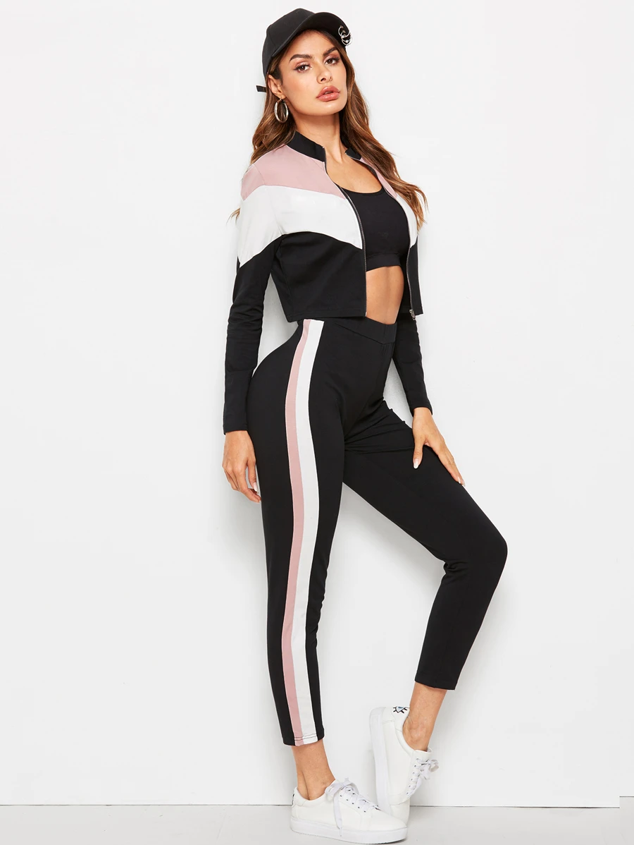 SHEIN Conjunto cazadora de cheurón con costura con cremallera con leggings - Multicolor - Ver 1