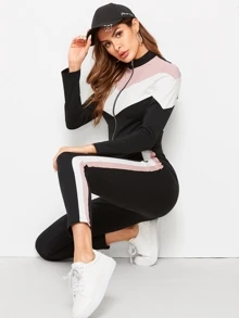 SHEIN Conjunto cazadora de cheurón con costura con cremallera con leggings - Multicolor - Ver 3