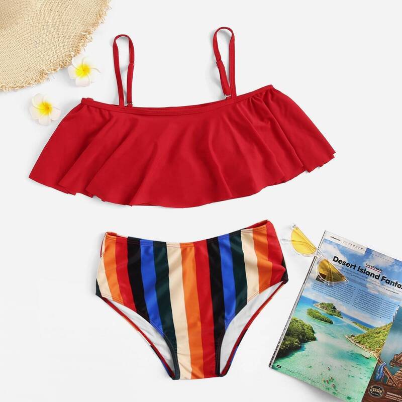 

Floaty Top With Striped Bikini Set, Multicolor