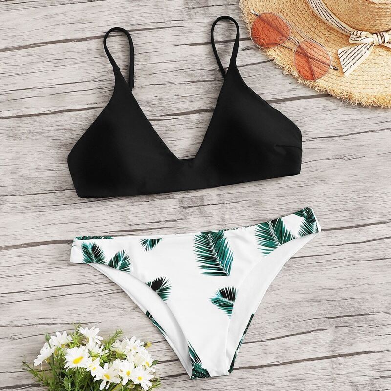 

Plunge V Neck Top With Random Leaf Print Bikini Set, Multicolor