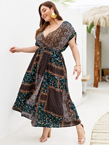Plus Tribal Print Knot Cuff Dress