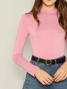 SHEIN Privé Mock-neck Slim Fitted Tee - Baby Pink - View 3