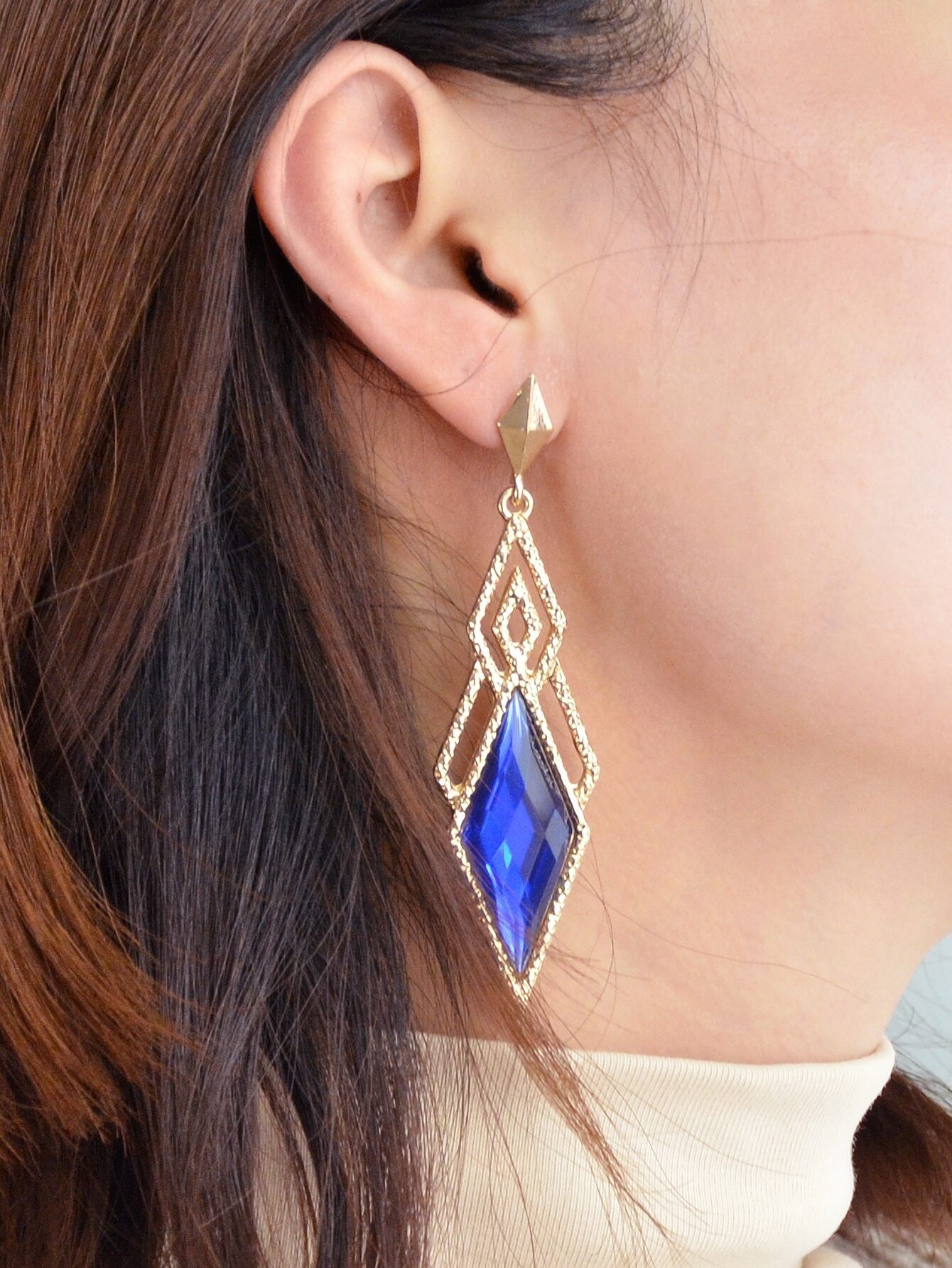 Blue Gemstone Gold Hollow Geometric Earrings ROMWE