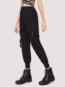 Letter Tape Buckle Detail Joggers - Black - View 3