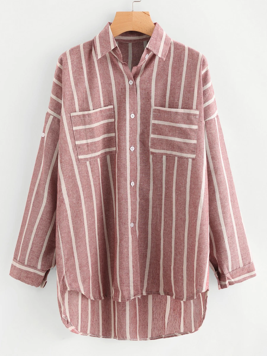 Dip Hem Pocket Utility Striped Shirt - Dusty Pink - View 1