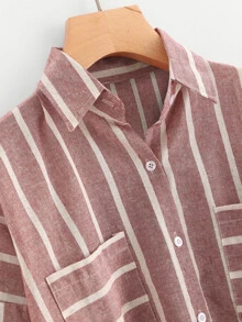 Dip Hem Pocket Utility Striped Shirt - Dusty Pink - View 3