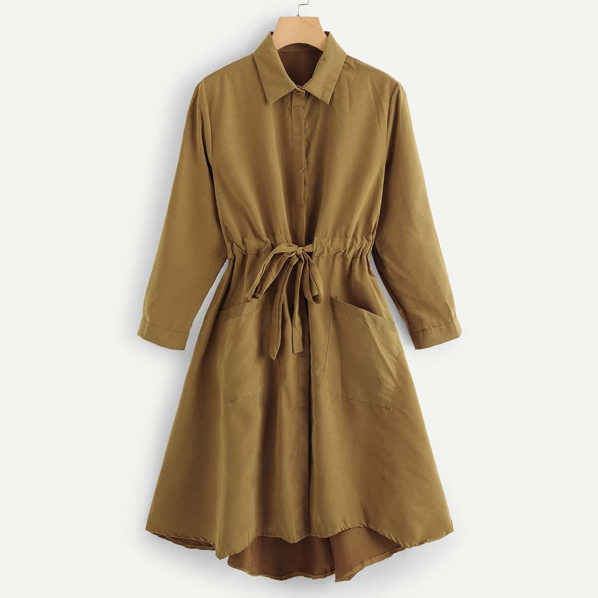 

Drawstring Solid Collar Coat, Khaki
