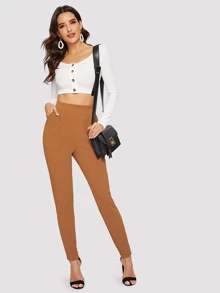 SHEIN Privé Pocket Patched Peg Leg Textured Trousers - Brown - View 3