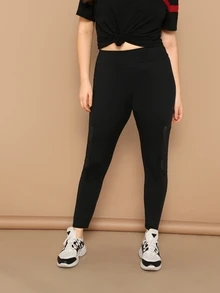 SHEIN Plus Nätinslag Sätt i leggings - Svart - Visa 3
