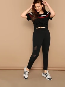 SHEIN Plus Nätinslag Sätt i leggings - Svart - Visa 5