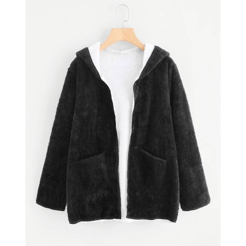 

Dual Pocket Faux Fur Hooded Coat, Black