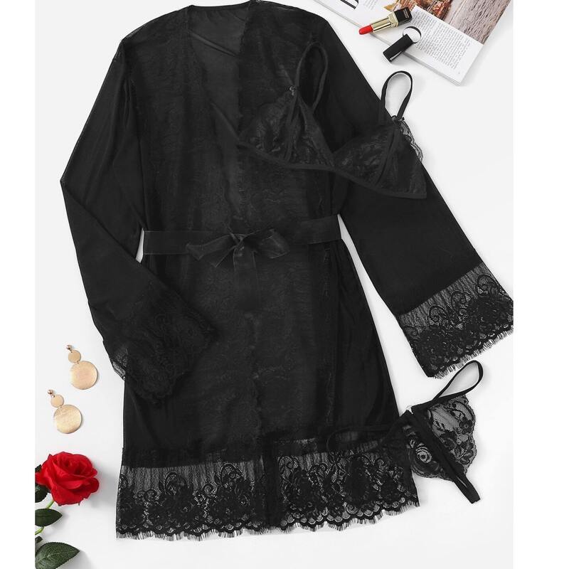 

Contrast Lace Robe With Crotchless Lingerie Set & Belt 3pack, Black
