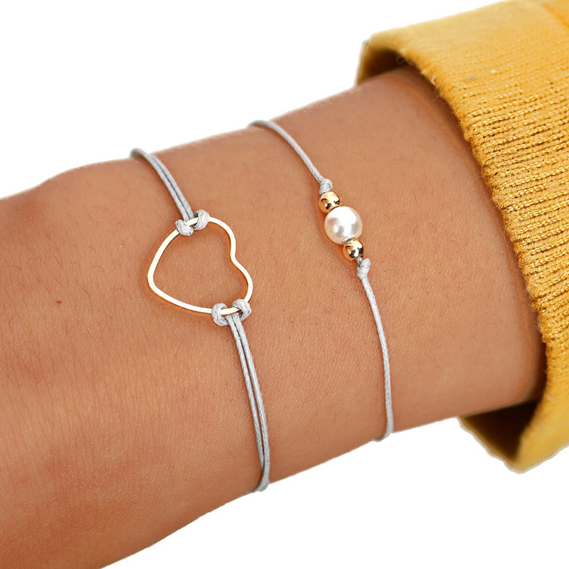 

Heart Decor String Bracelet 2pcs, Grey