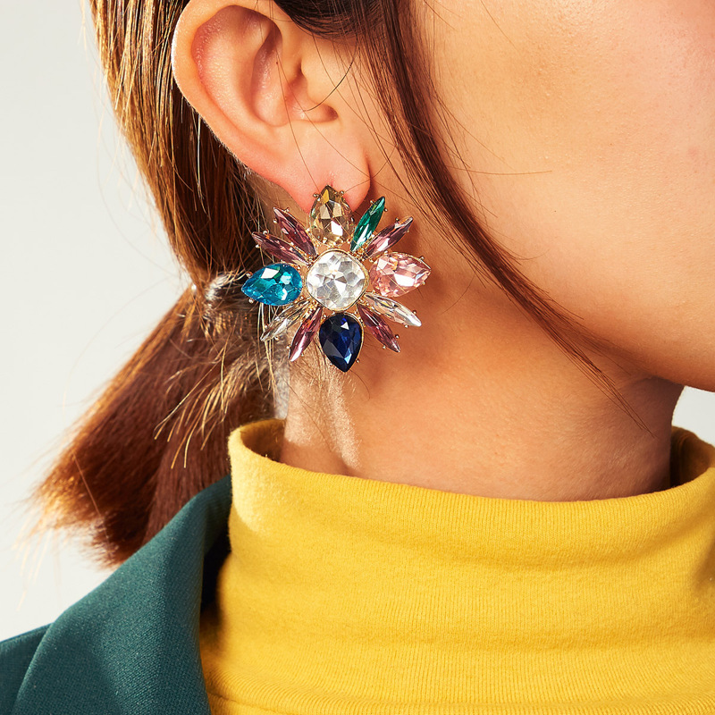 

Color-block Gemstone Flower Stud Earrings 1pair, Multicolor