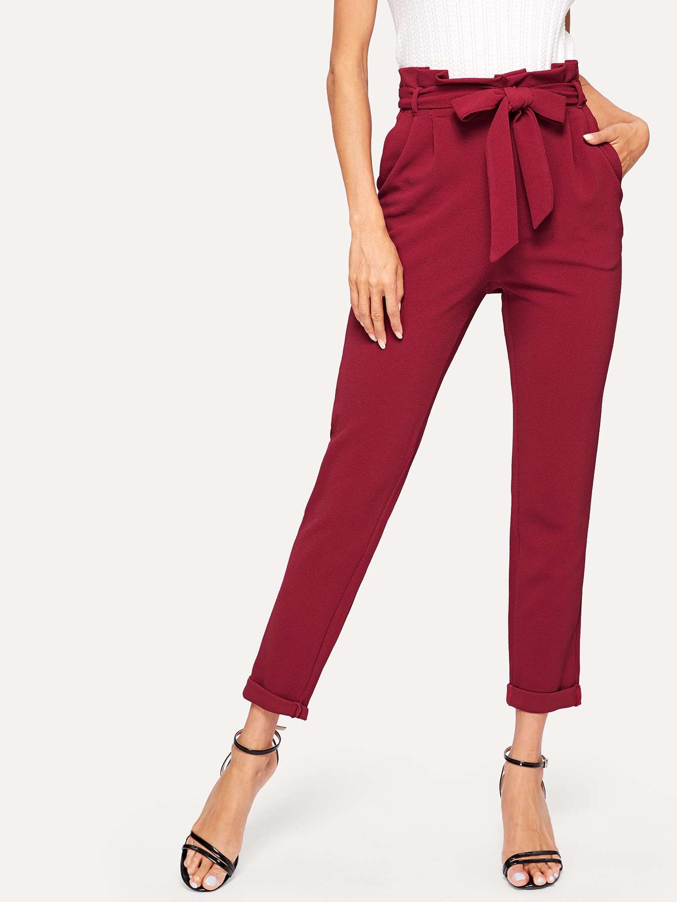 Paperbag Waist Textured Pants With Belt SHEIN