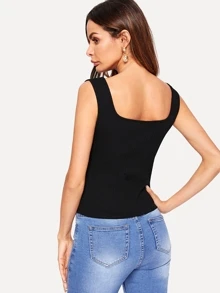 SHEIN Essnce Rib-knit Form Fitted Solid Tank Top - Black - View 2