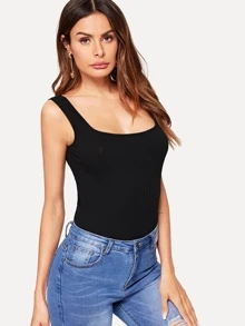 SHEIN Essnce Rib-knit Form Fitted Solid Tank Top - Black - View 3