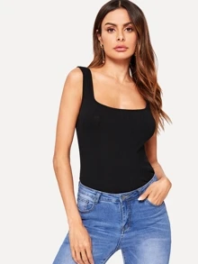 SHEIN Essnce Rib-knit Form Fitted Solid Tank Top - Black - View 1