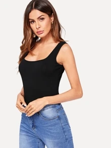 SHEIN Essnce Rib-knit Form Fitted Solid Tank Top - Black - View 4