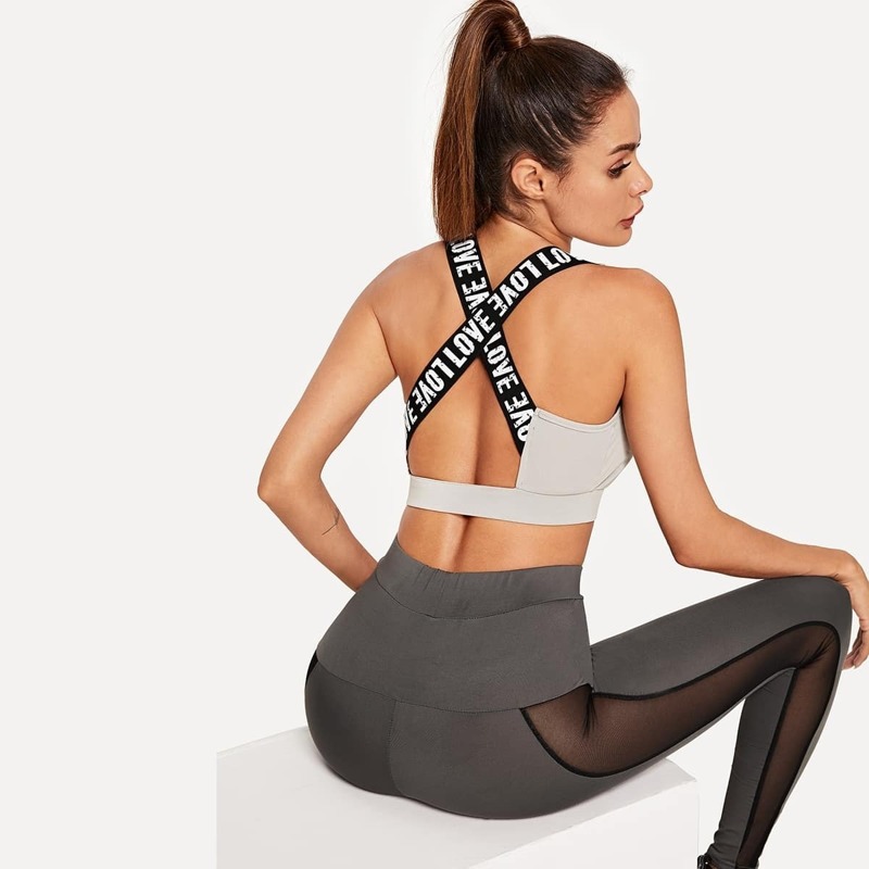 

Criss Cross Back Lettering Tape Sports Bra, Light grey