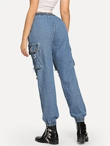 SHEIN Jeans elásticos rotos con bolsillo - Azul - View 2