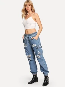 SHEIN Jeans elásticos rotos con bolsillo - Azul - View 3