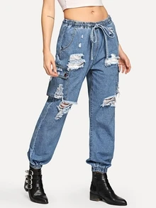 SHEIN Jeans elásticos rotos con bolsillo - Azul - View 4