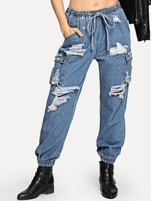 SHEIN Jeans elásticos rotos con bolsillo - Azul - View 1