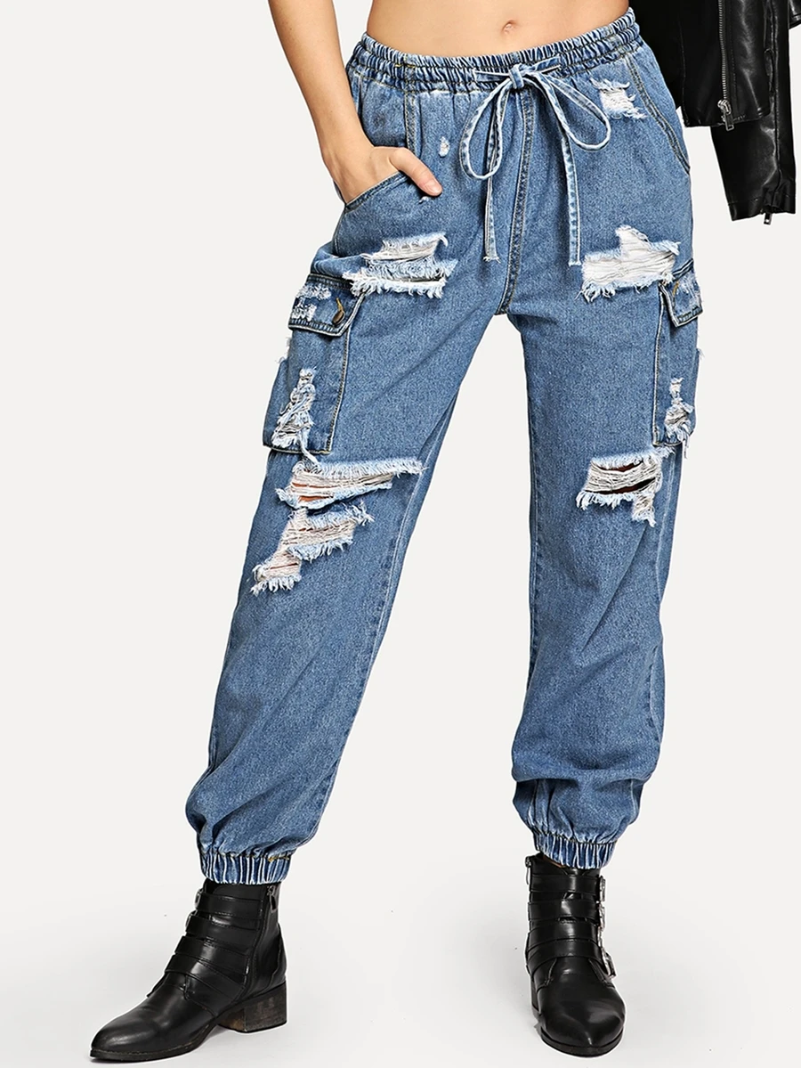 SHEIN Jeans elásticos rotos con bolsillo - Azul - View 1