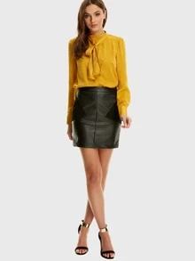 Satin Pussy Bow Blouse - Yellow - View 4