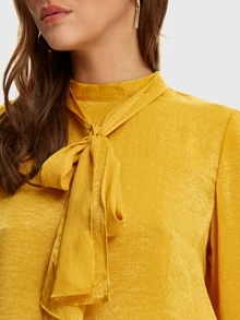 Satin Pussy Bow Blouse - Yellow - View 3