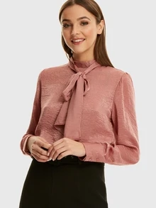 Satin Pussy Bow Blouse - Pink - View 1