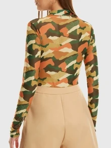 Camo Sheer Mesh Bodysuit - Multicolor - View 2