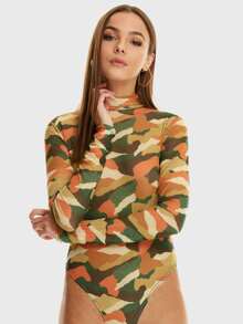 Camo Sheer Mesh Bodysuit - Multicolor - View 5