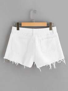 Shorts mezclilla rotos bajo crudo con cinta con letra en contraste - Blanco - Ver 2