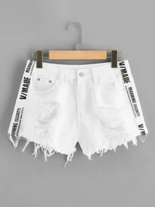 Shorts mezclilla rotos bajo crudo con cinta con letra en contraste - Blanco - Ver 1
