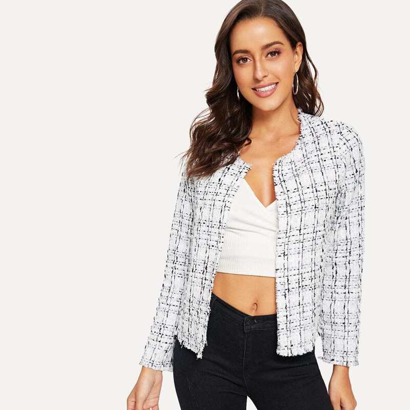 

Frayed Edge Tweed Open Placket Coat, White