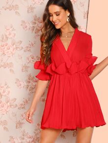 SHEIN Ruffle Pleated Skater Dress - Red - View 1