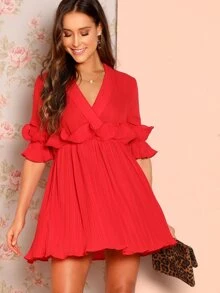 SHEIN Ruffle Pleated Skater Dress - Red - View 3