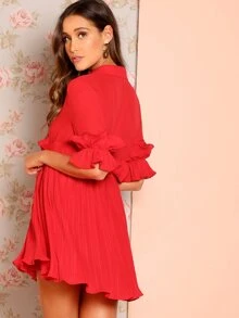 SHEIN Ruffle Pleated Skater Dress - Red - View 2