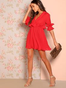SHEIN Ruffle Pleated Skater Dress - Red - View 6