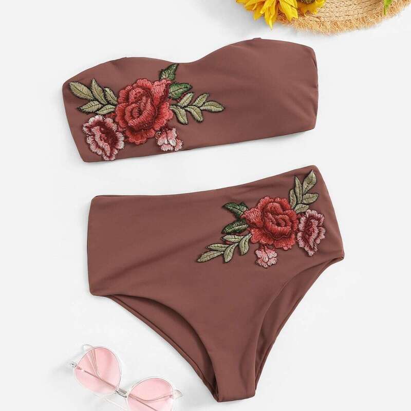 

Appliques Embroidery Bandeau With High Waist Bikini, Brown