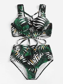 Random Tropical Underwire High Waisted Bikini Set Summer Beach - Multicolor - View 3