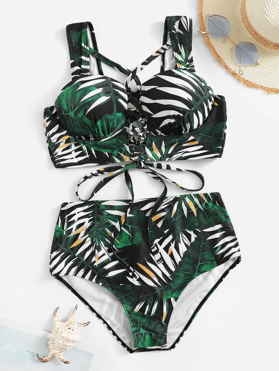 Random Tropical Underwire High Waisted Bikini Set Summer Beach - Multicolor - View 1