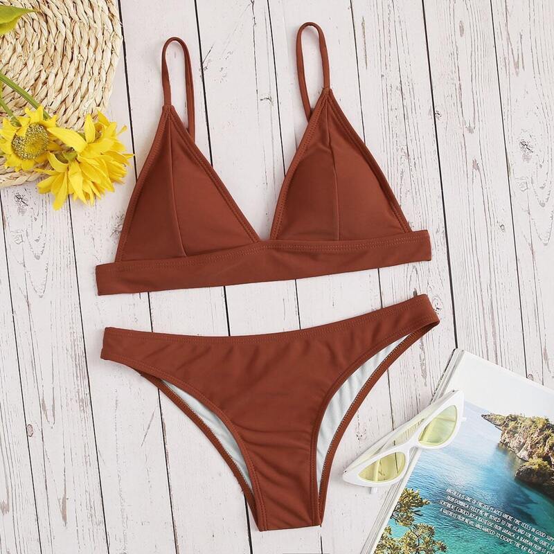 

Triangle Seam Top With Panty Bikini Set, Brown