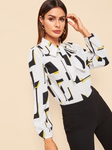 Geo Print Tie Neck Blouse