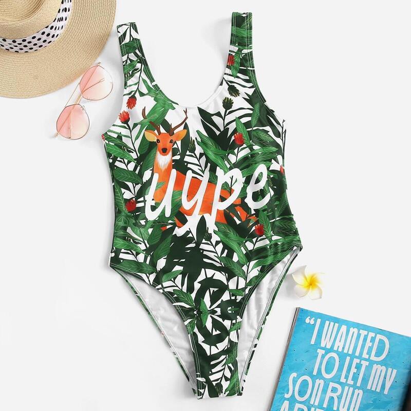 

Leaf & Deer Print Low Back One Piece Swim, Green
